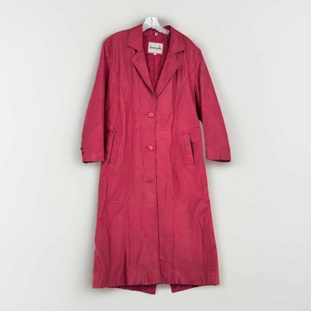 Vintage Donna Pelle Red Leather Trench Coat Medium Long Authentic Pre-Owned